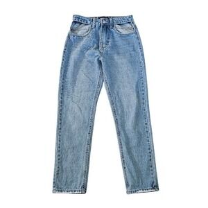 Momokrom Women Cut Out Waist High Rise Straight Leg Jeans Light Wash Blue 26